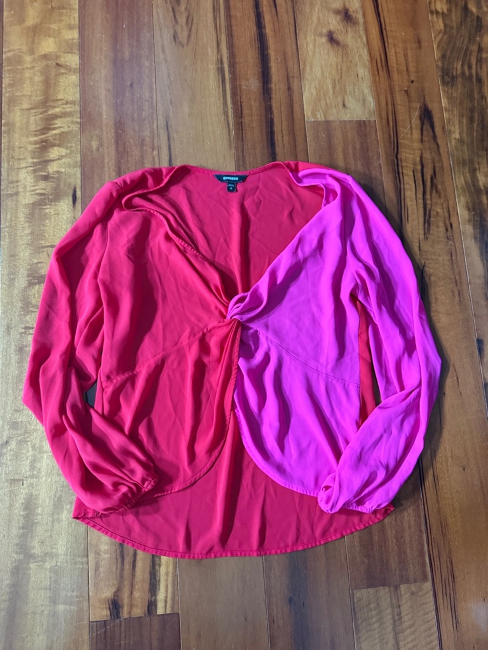 Express Two-Tone Twist-Front Blouse in Red and Hot Pink